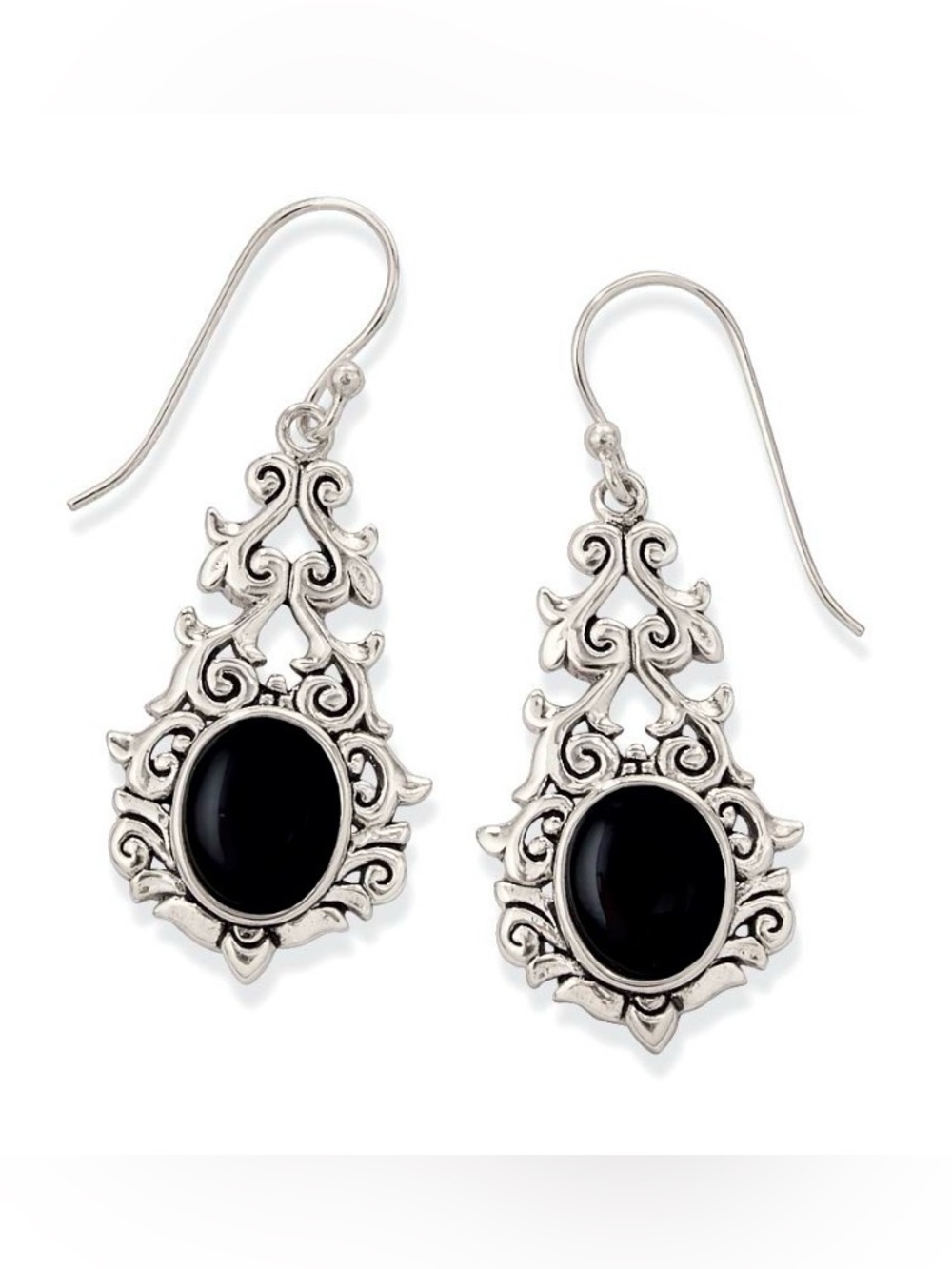 NWOT! Black Onyx Silver-plated Scroll and Filligree French Hook Drop Earrings